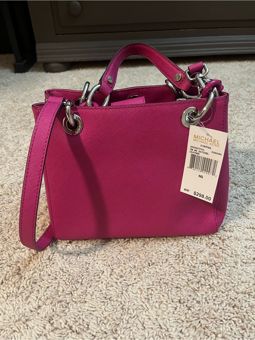 Michael Kors Cynthia Small Saffiano Satchel in Fuchsia Pink